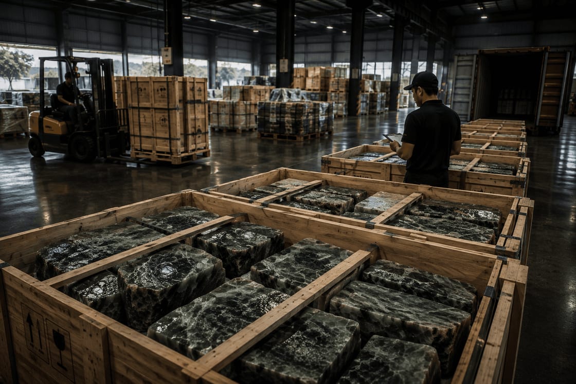 Crated jadeite blocks being inspected and loaded for export at the Bangkok logistics hub