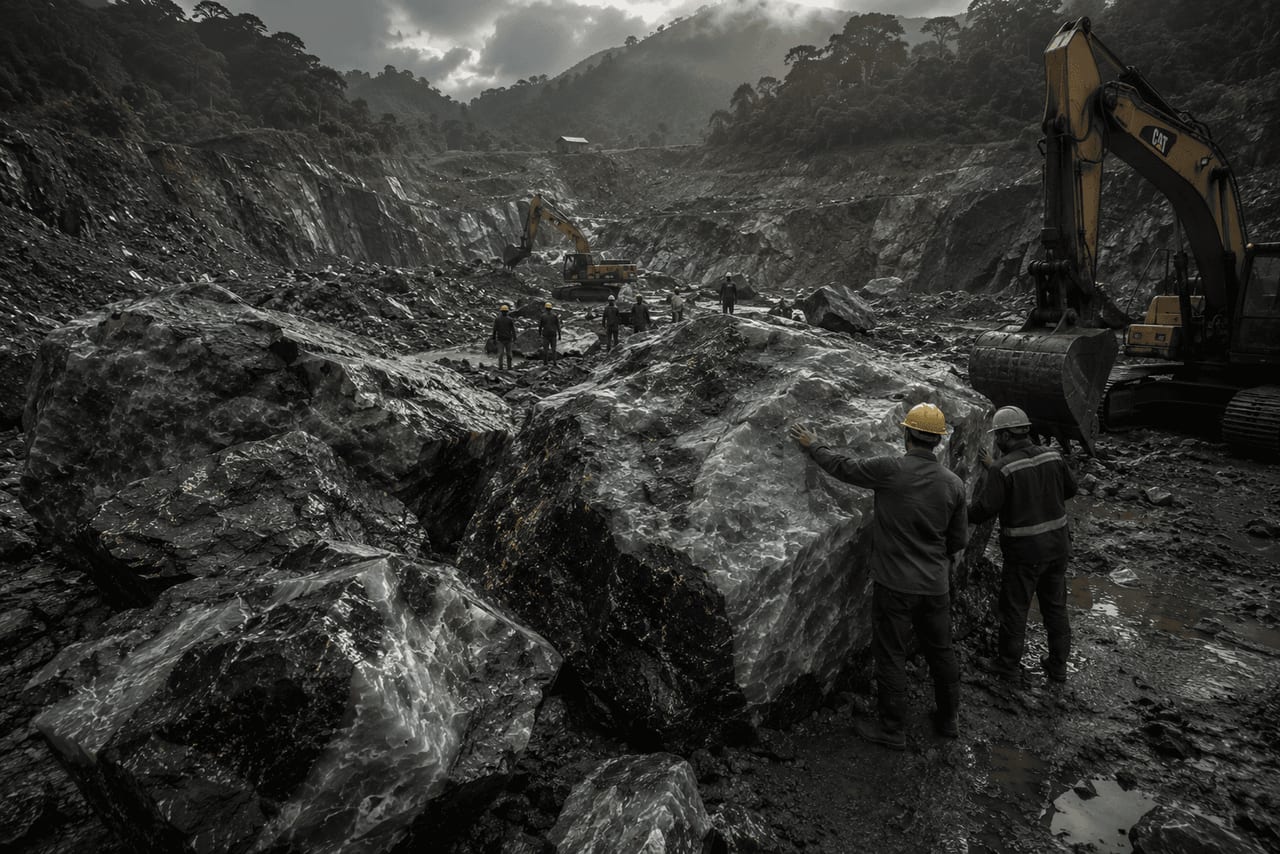 Workers assessing large jadeite boulders at an open-pit Myanmar extraction site