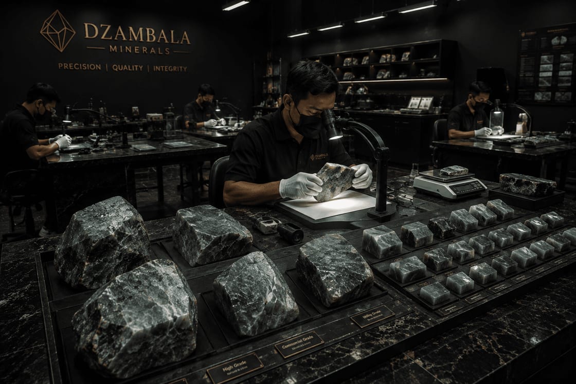 Dzambala Minerals gemmological laboratory grading polished jadeite blocks under controlled lighting