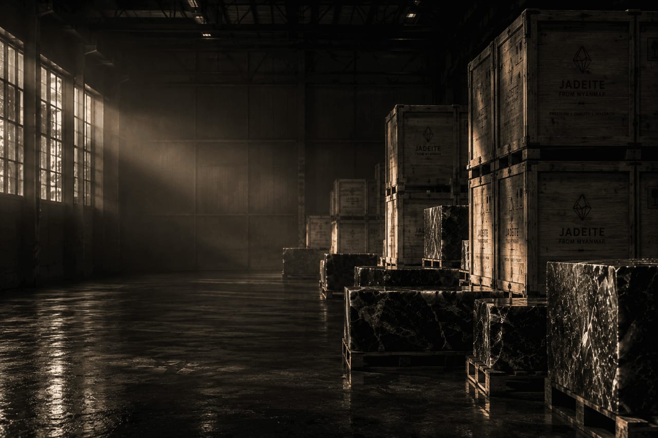 Branded jadeite export crates and cut blocks in a Dzambala Minerals warehouse