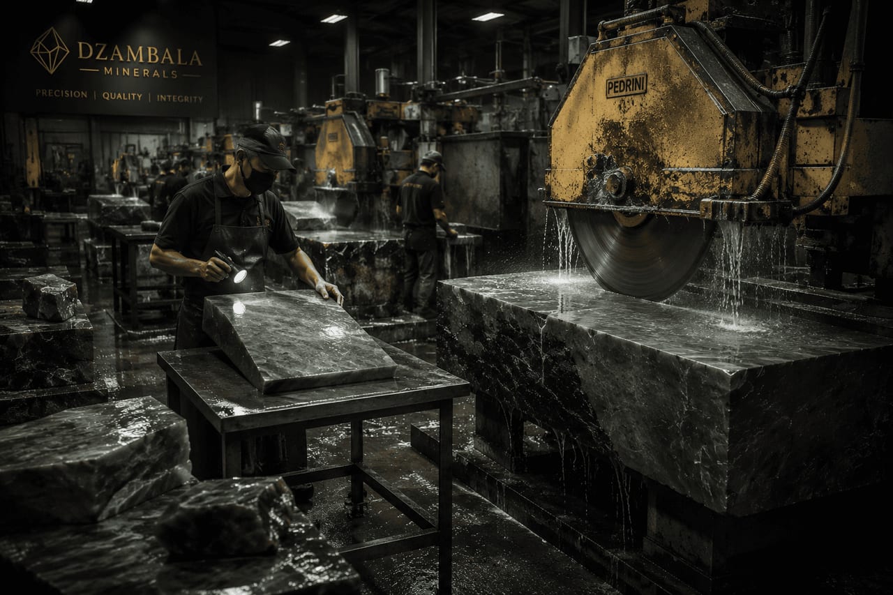 Water-cooled diamond saw cutting a jadeite block inside the Dzambala processing facility