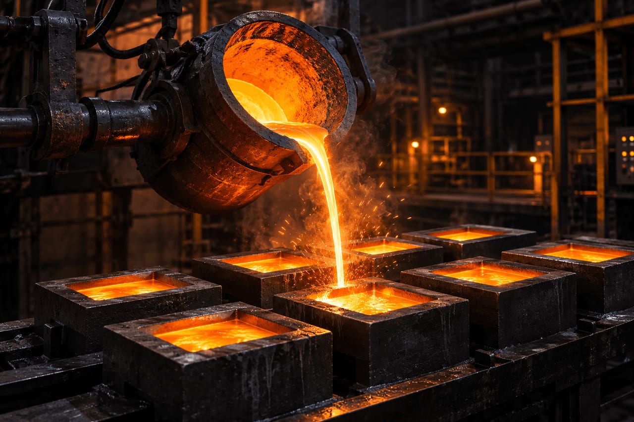 Molten metal poured from a ladle into ingot moulds